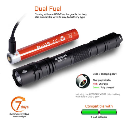 ACEBEAM TAC 2AA LED flashlight 1600 lumen 181 meters portable EDC flashlight USB-C rechargeable battery double buttons torch
