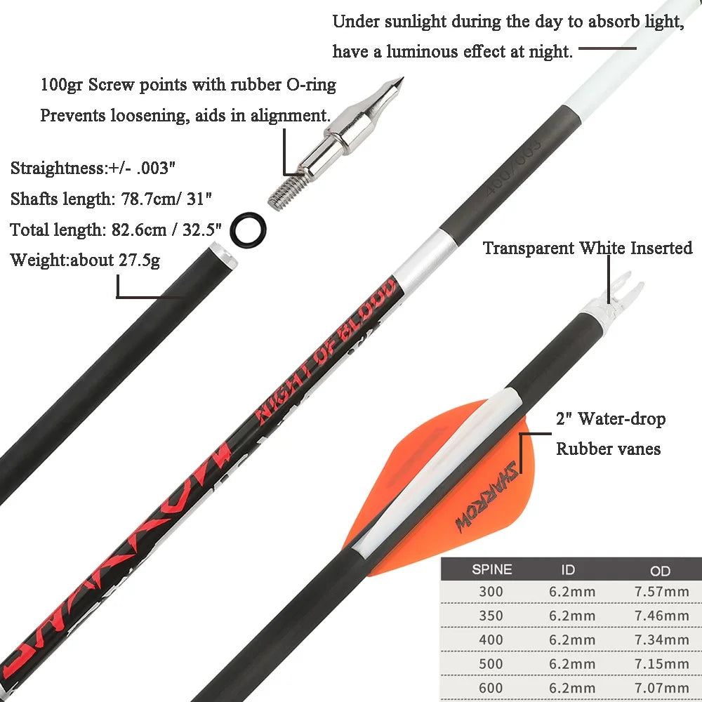 Pure Carbon Arrows 12Pcs Multi-Spine 300/400/500 ±0.003" Straightness 6.2mm ID