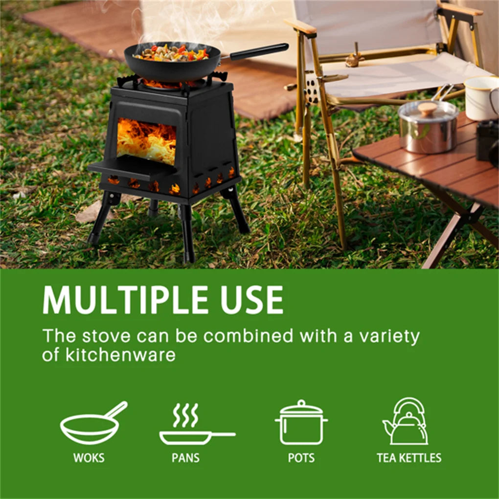Portable Windproof Wood Heater with Burner Stove Bin for Camping Tent
