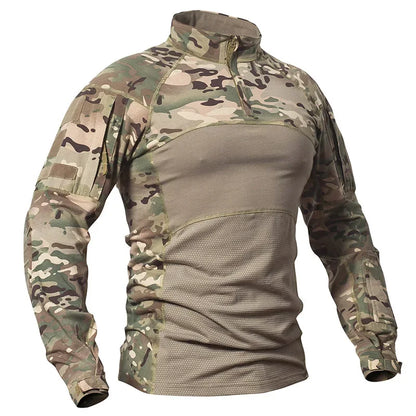 Men's Camouflage Hunting Combat T Shirt Stretch Cotton 1/4 Zipper Uniform Shirts Long Sleeve Camo Shirt