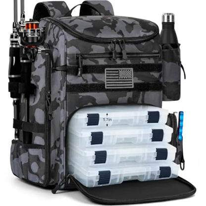 25L Fishing Backpack Water Resistant Fishing Tackle Bag with 2 Rod Holders Tackle Storage Bag for Anglers Bag Only