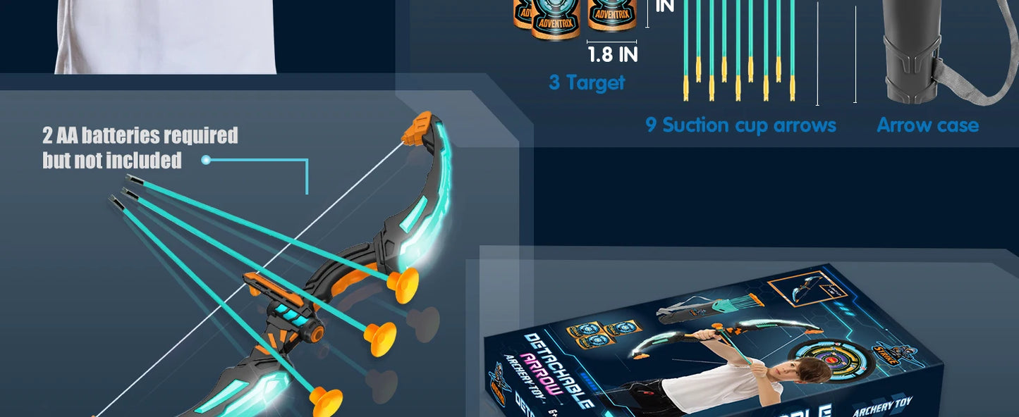 Kids Bow and Arrow Set LED Light Up Archery Toy With 9 Suction Cup Arrows Target for Kid Ages 6-12