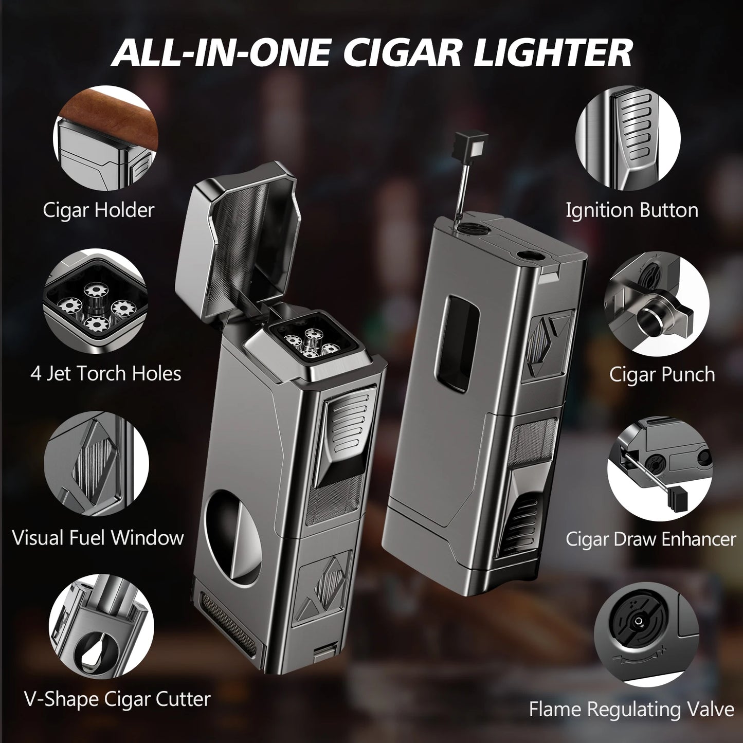 Cigar Lighter 4 Jet Flame Cigar Cutter Cigar  Windproof Butane