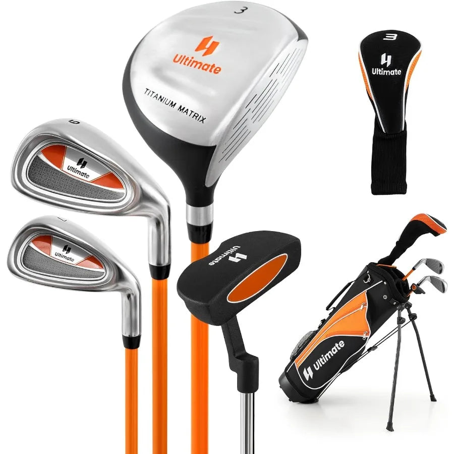 Youth Golf Set for Right Hand Includes 3 Fairway Wood 7 and 9 Irons Putter and Golf Stand Bag