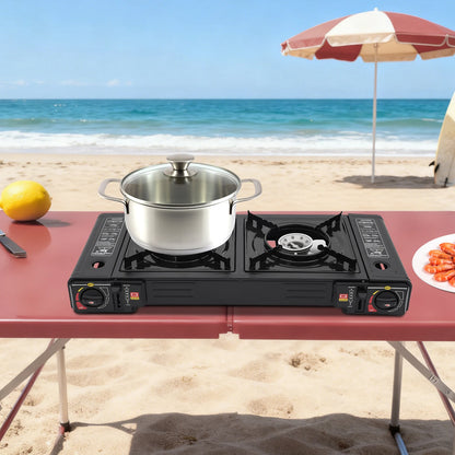 Portable Camping Stove with Storage Case, 2 Burner Outdoor Cooking System