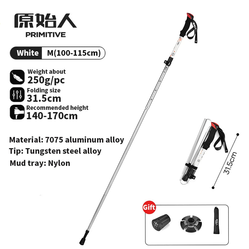 PRIMITIVE Walking Stick 3 Sections Foldable Ultralight Aluminum Alloy Hiking Pole Quick Open Outdoor Travel Hiking Trekking Pole