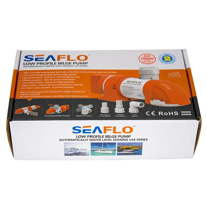 12V 1100 GPH Automatic Low Profile Water Sensing Bilge Pump | Compact Design, Check Valves, 360° Discharge
