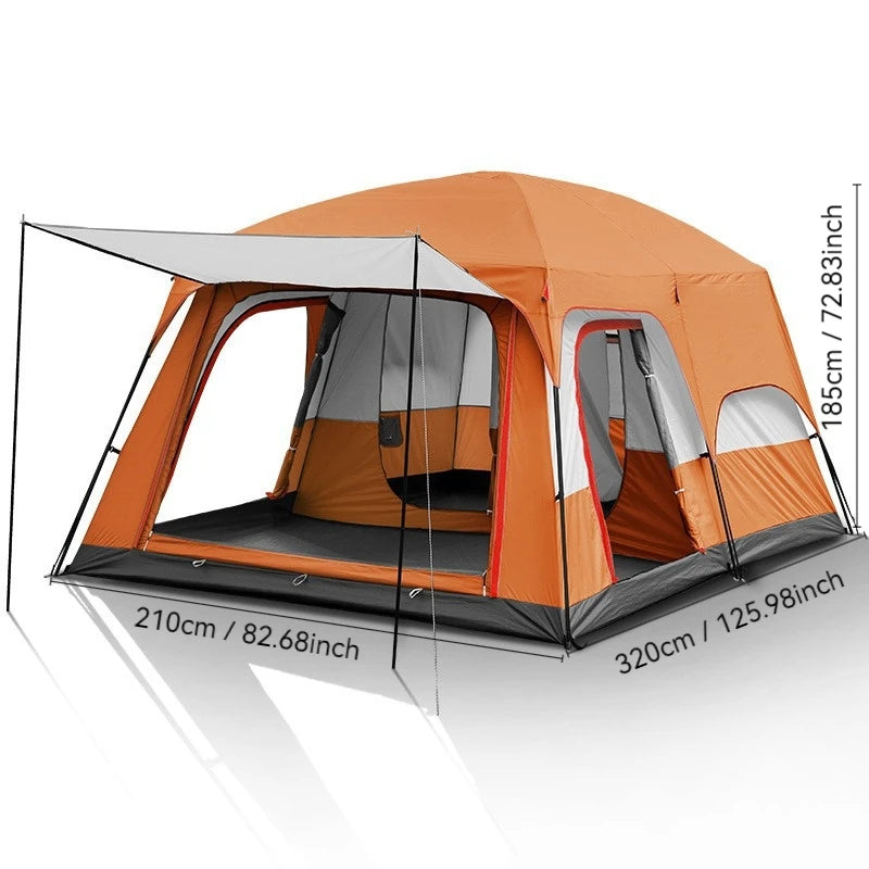 4/8/12-person outdoor family camping tent with a removable awning;  multiple mesh windows provide ventilation ; windproof, waterproof, and UV-resistant; suitable for all seasons