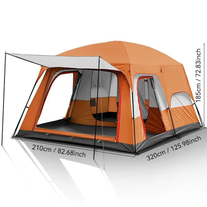 4/8/12-person outdoor family camping tent with a removable awning;  multiple mesh windows provide ventilation ; windproof, waterproof, and UV-resistant; suitable for all seasons