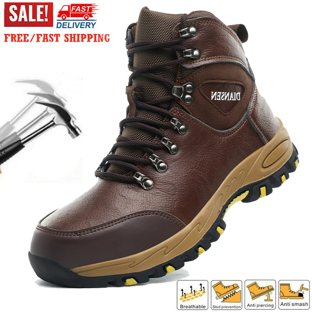 High Top Men Work Shoes Anti-Puncture Anti-smash   Slip Resistant Wate Resistant Hiking Boots