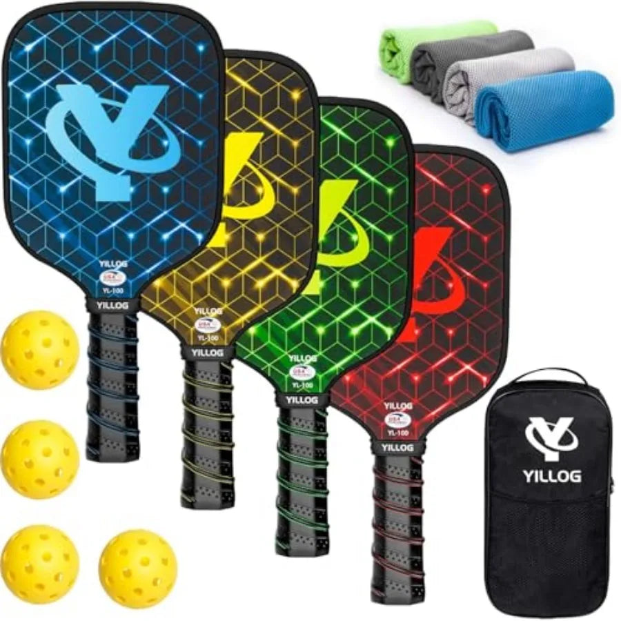 Pickleball Paddles, USAPA Approved Pickleball Paddle Set of 4, Fiberglass Surface Pickleball Set, 4 Pickleball Balls, 4 Cooling