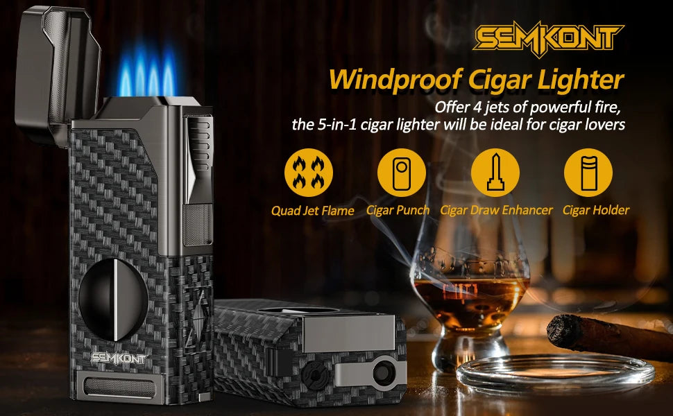 Cigar Lighter 4 Jet Flame Cigar Cutter Cigar  Windproof Butane