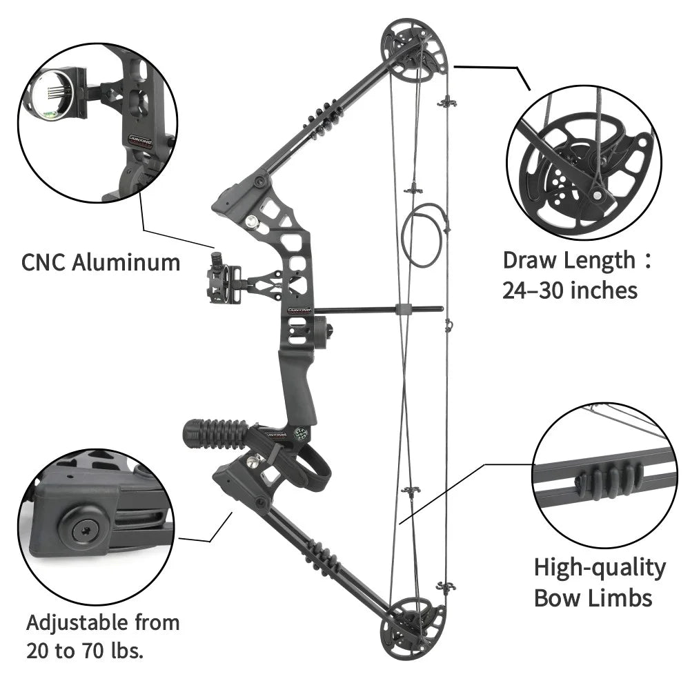 Adjustable Compound Bow Arrow Set with Spine 500 Carbon Arrows 20-70lbs 320FPS High-Strength Alloy Handle RH/LH