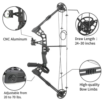 Adjustable Compound Bow Arrow Set with Spine 500 Carbon Arrows 20-70lbs 320FPS High-Strength Alloy Handle RH/LH