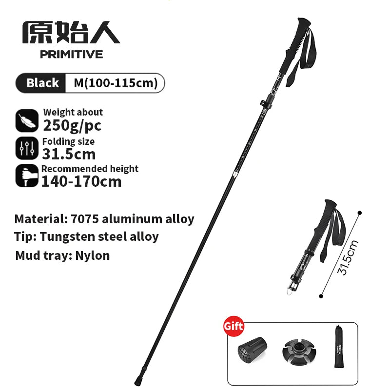 PRIMITIVE Walking Stick 3 Sections Foldable Ultralight Aluminum Alloy Hiking Pole Quick Open Outdoor Travel Hiking Trekking Pole