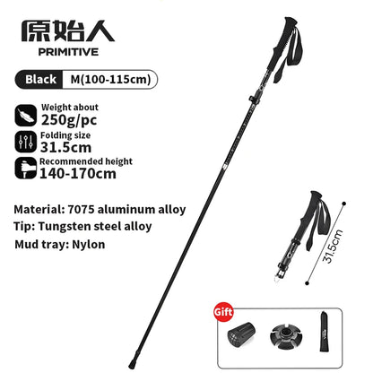 PRIMITIVE Walking Stick 3 Sections Foldable Ultralight Aluminum Alloy Hiking Pole Quick Open Outdoor Travel Hiking Trekking Pole