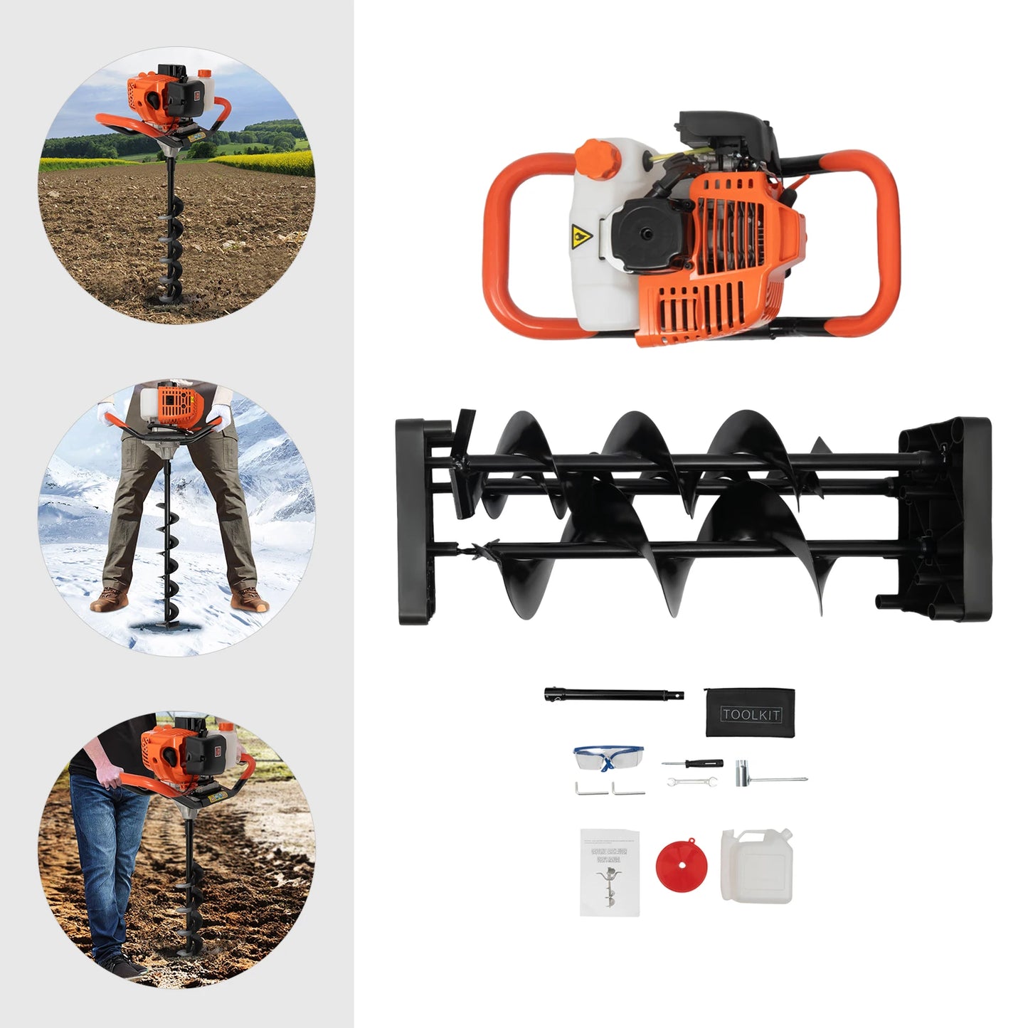 52cc 1460w Electric Post Hole Digger Earth Auger Garden Auger Spiral Earth Drill Bit Auger Drill Bit with 4", 6", 8" FC610g/Kw.H