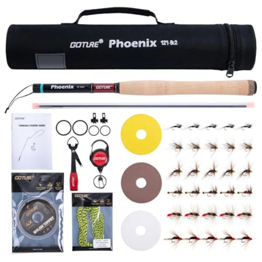 12Feet Rod Combo 24T 30T Carbon Fiber Backpacking Fly Fishing Kit with 30 Flies Tippet and Storage Bag