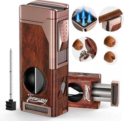 Cigar Lighter 4 Jet Flame Cigar Cutter Cigar  Windproof Butane