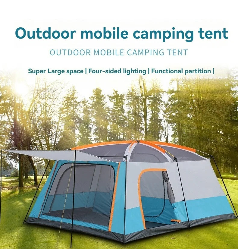 4/8/12-person outdoor family camping tent with a removable awning;  multiple mesh windows provide ventilation ; windproof, waterproof, and UV-resistant; suitable for all seasons