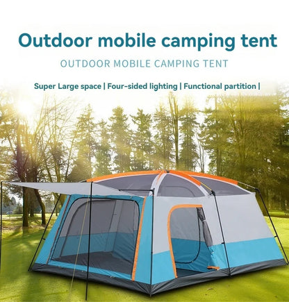 4/8/12-person outdoor family camping tent with a removable awning;  multiple mesh windows provide ventilation ; windproof, waterproof, and UV-resistant; suitable for all seasons