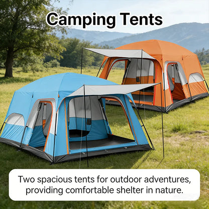 4/8/12-person outdoor family camping tent with a removable awning;  multiple mesh windows provide ventilation ; windproof, waterproof, and UV-resistant; suitable for all seasons