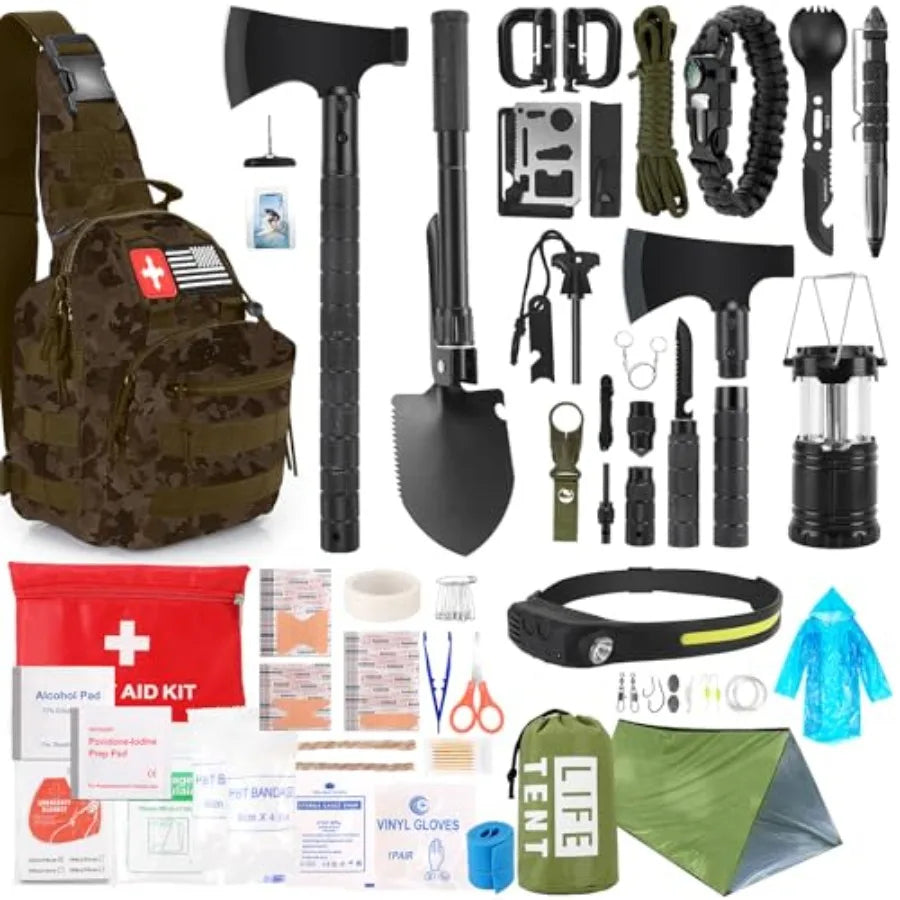 Survival Kit 268 Pcs Emergency Survival Gear and Equipment Supplies with First Aid Kit Camping Axe Headlamp