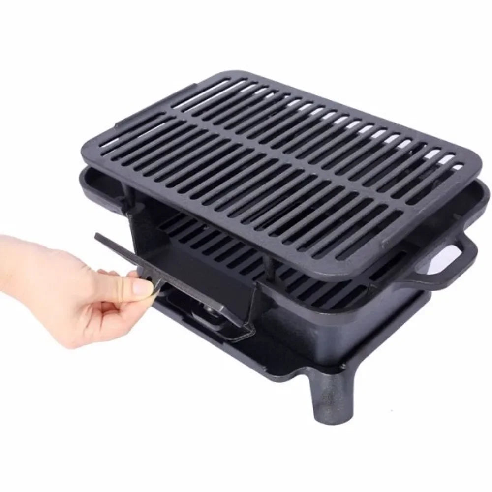 Oval Cast Iron Portable Charcoal Grill and Tabletop Cast Iron Skillet
