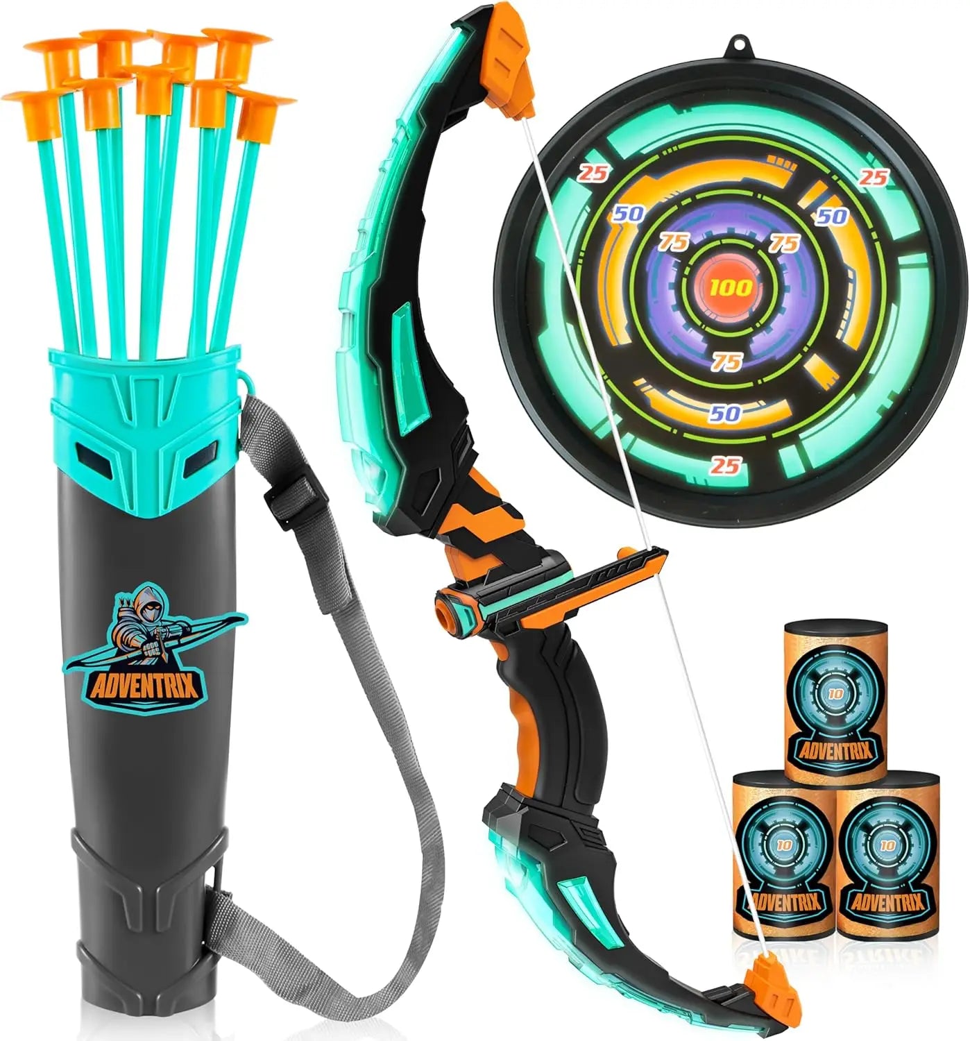 Kids Bow and Arrow Set LED Light Up Archery Toy With 9 Suction Cup Arrows Target for Kid Ages 6-12