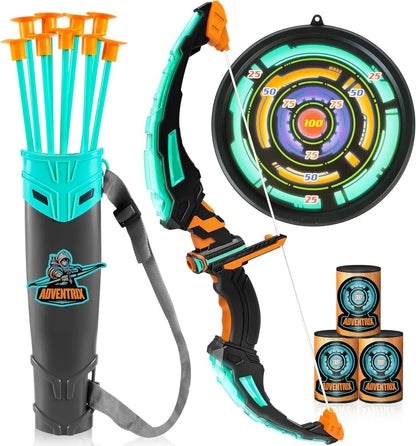 Kids Bow and Arrow Set LED Light Up Archery Toy With 9 Suction Cup Arrows Target for Kid Ages 6-12
