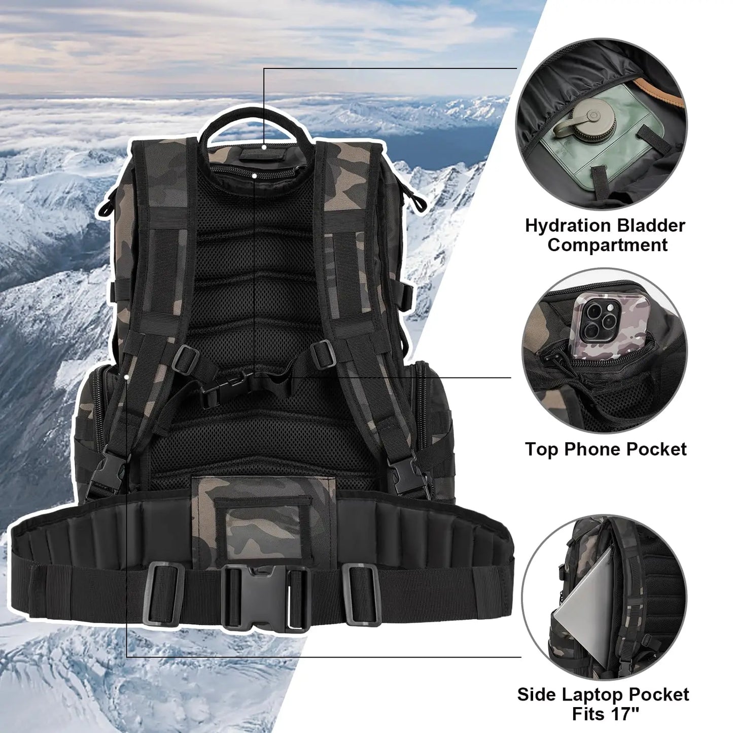 50L Tactical Backpack Military Style Camping Hiking Rucksack With Molle System