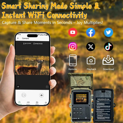 Solar Trail Camera 5K WiFi Game Camera with 5200mAh Battery, IP66 Waterproof, 120° Wide Angle Night Vision, 64GB SD Card,