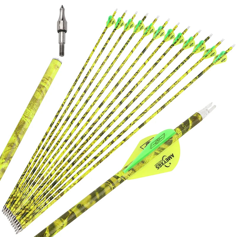 Archery Arrows 30 Inch Camo Mixed Carbon Spine 500 ID6.2mm with Rubber Vanes