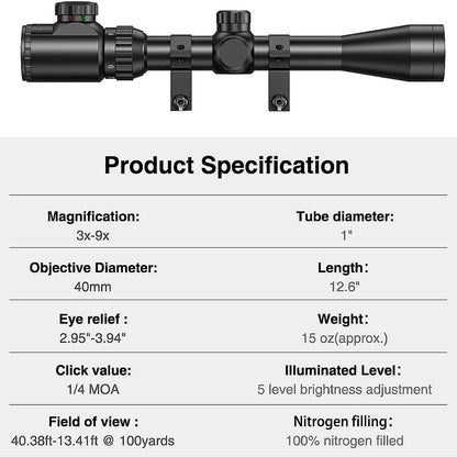 3-9x40 EG Scopes Hunting Sights Red and Green Light Reticle Tactical Optical Scope Hunting Scopes