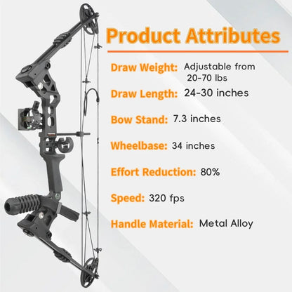 Adjustable Compound Bow Arrow Set with Spine 500 Carbon Arrows 20-70lbs 320FPS High-Strength Alloy Handle RH/LH