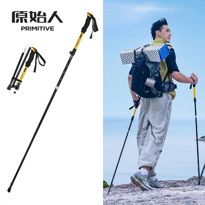 PRIMITIVE Walking Stick 3 Sections Foldable Ultralight Aluminum Alloy Hiking Pole Quick Open Outdoor Travel Hiking Trekking Pole