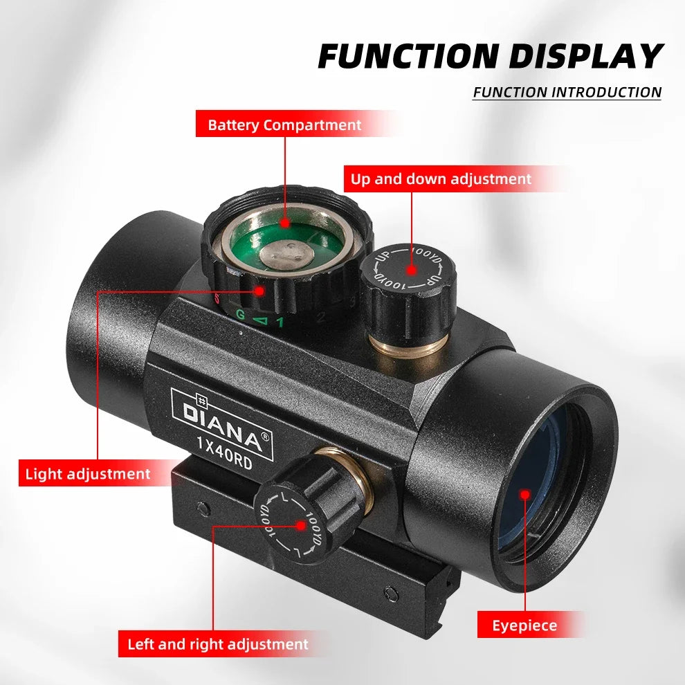 DIANA 1x40 Green Red Dot Scope Optics with 11/20mm Mount Outdoor Optical Tool Riflescope