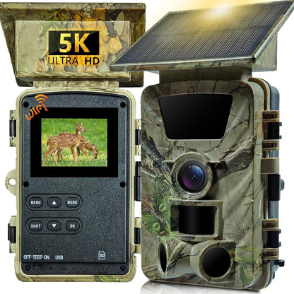 Solar Trail Camera 5K WiFi Game Camera with 5200mAh Battery, IP66 Waterproof, 120° Wide Angle Night Vision, 64GB SD Card,