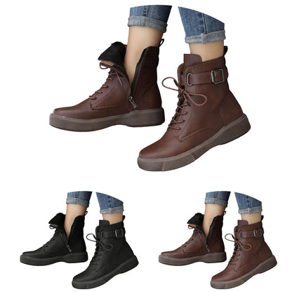 Women's Fashionable Versatile Ankle Boots British Retro Belt Plus Velvet Short Sued  Lace Up Flat Shoes
