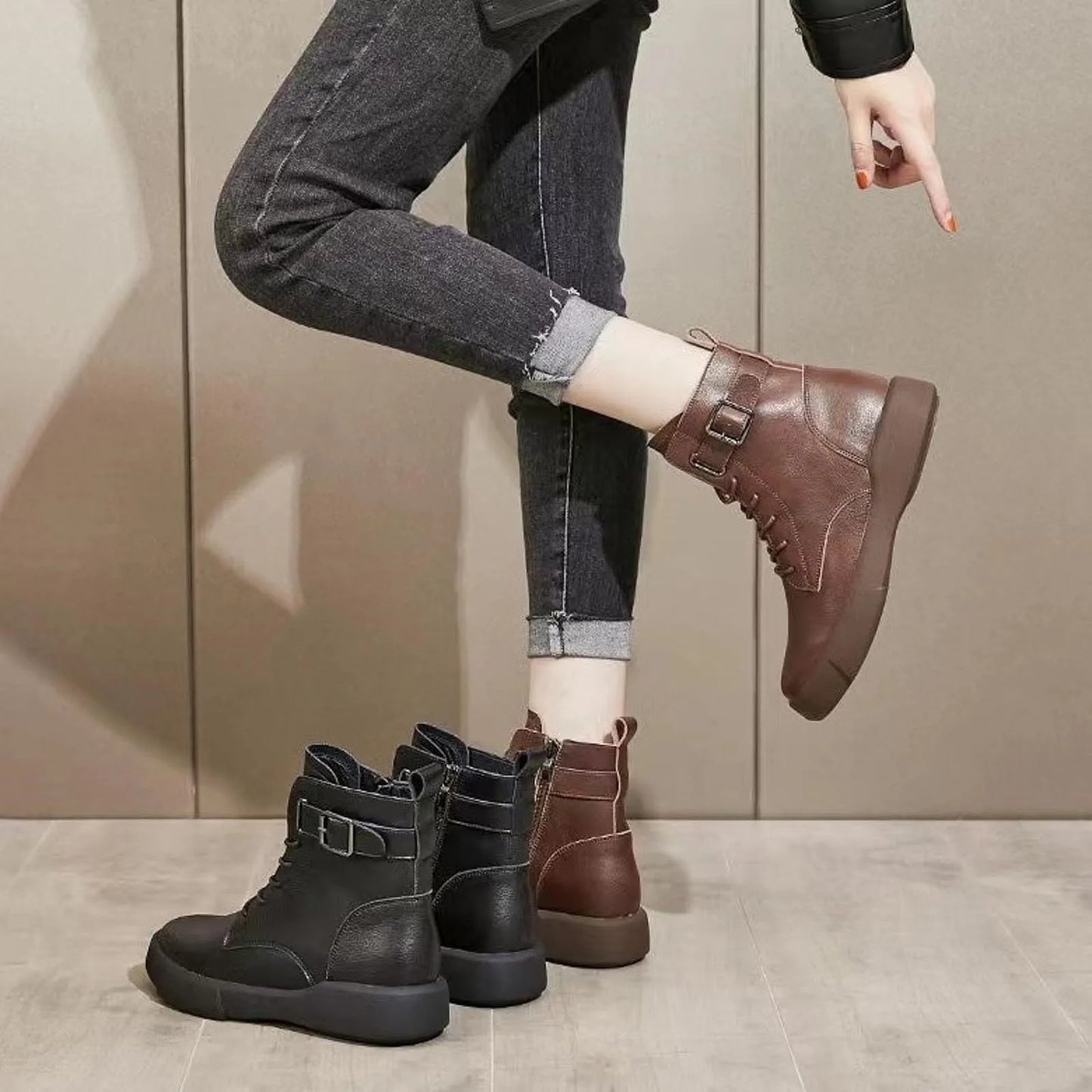 Women's Fashionable Versatile Ankle Boots British Retro Belt Plus Velvet Short Sued  Lace Up Flat Shoes