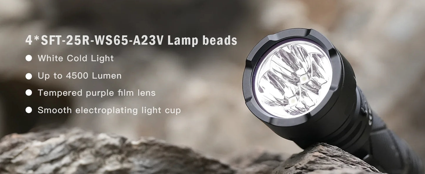 SOFIRN SR15 Rechargeable Flashlight 4500lm Super Bright Long Beam Distance EDC Torch for Camping Fishing