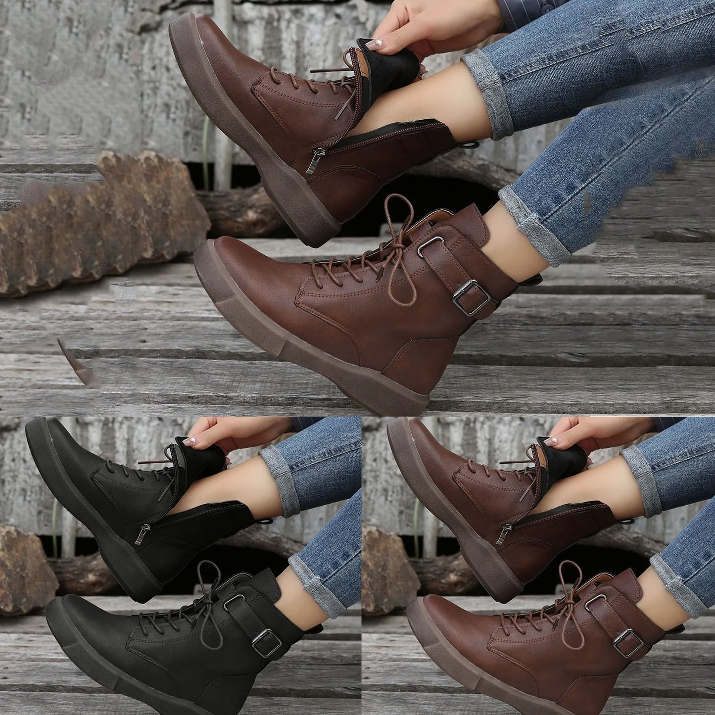 Women's Fashionable Versatile Ankle Boots British Retro Belt Plus Velvet Short Sued  Lace Up Flat Shoes