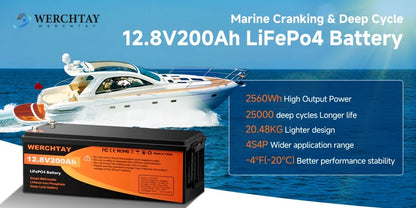 WERCHTAY LiFePO4 12V Battery with BMS 25000 Cycles 100A 200A Lithium Battery