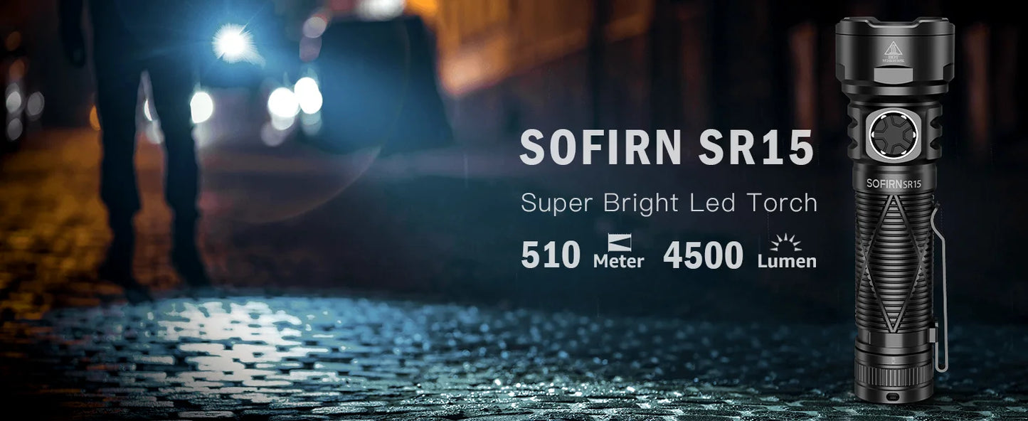 SOFIRN SR15 Rechargeable Flashlight 4500lm Super Bright Long Beam Distance EDC Torch for Camping Fishing