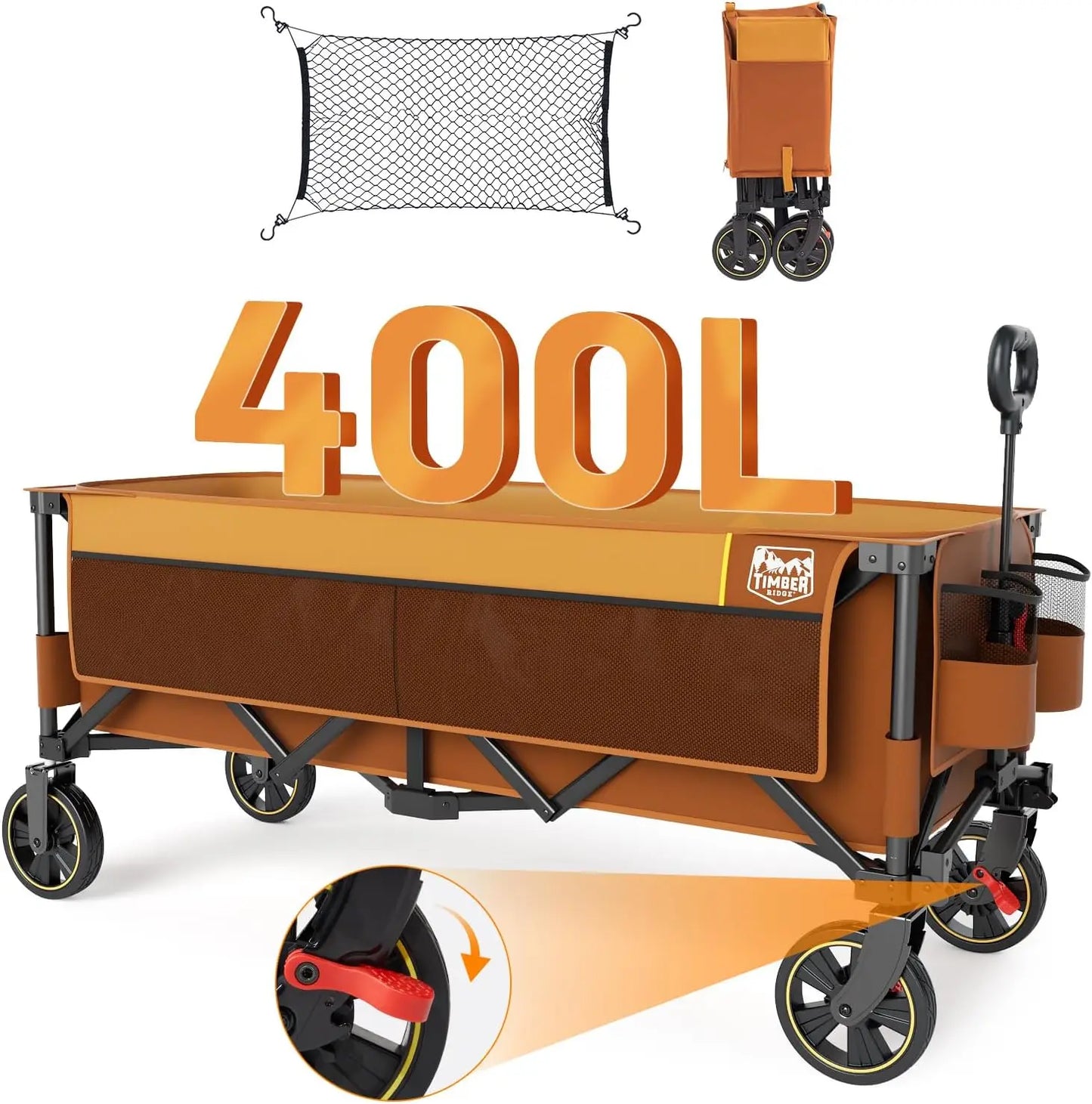 51.2'' Extended Collapsible Wagon Cart with Brakes and Cargo Net 350LBS  with Adjustable Handle
