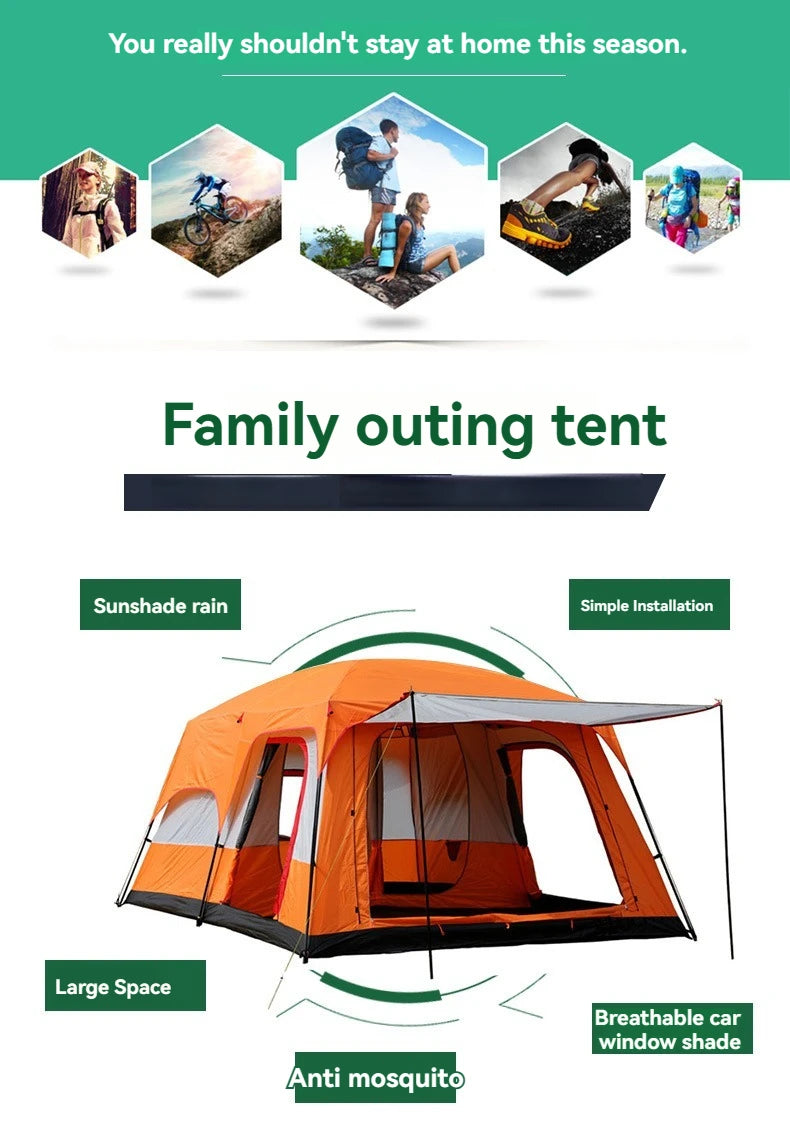 4/8/12-person outdoor family camping tent with a removable awning;  multiple mesh windows provide ventilation ; windproof, waterproof, and UV-resistant; suitable for all seasons