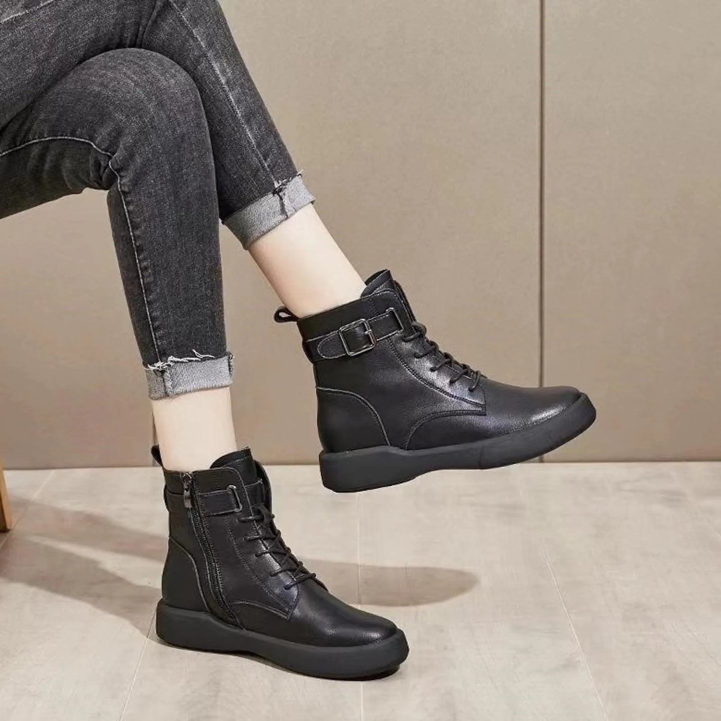 Women's Fashionable Versatile Ankle Boots British Retro Belt Plus Velvet Short Sued  Lace Up Flat Shoes