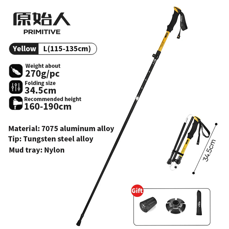 PRIMITIVE Walking Stick 3 Sections Foldable Ultralight Aluminum Alloy Hiking Pole Quick Open Outdoor Travel Hiking Trekking Pole