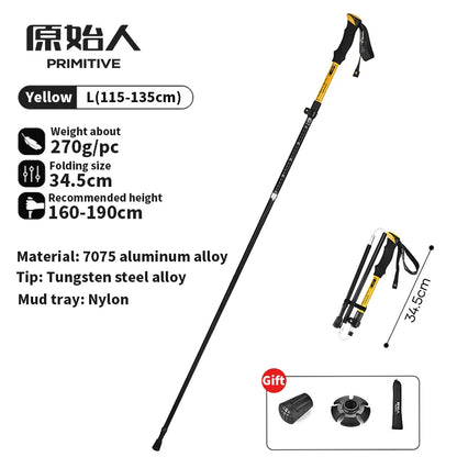 PRIMITIVE Walking Stick 3 Sections Foldable Ultralight Aluminum Alloy Hiking Pole Quick Open Outdoor Travel Hiking Trekking Pole