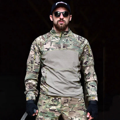 Men's Camouflage Hunting Combat T Shirt Stretch Cotton 1/4 Zipper Uniform Shirts Long Sleeve Camo Shirt